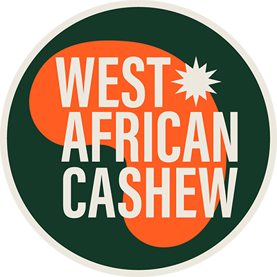 Logo for West African Cashew featuring orange and white text on a dark green circular background with a starburst design.