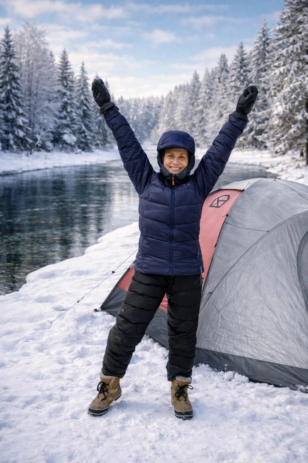 April Alfarnes smiling with raised arms beside her winter tent on a snowy riverbank in Telemark.