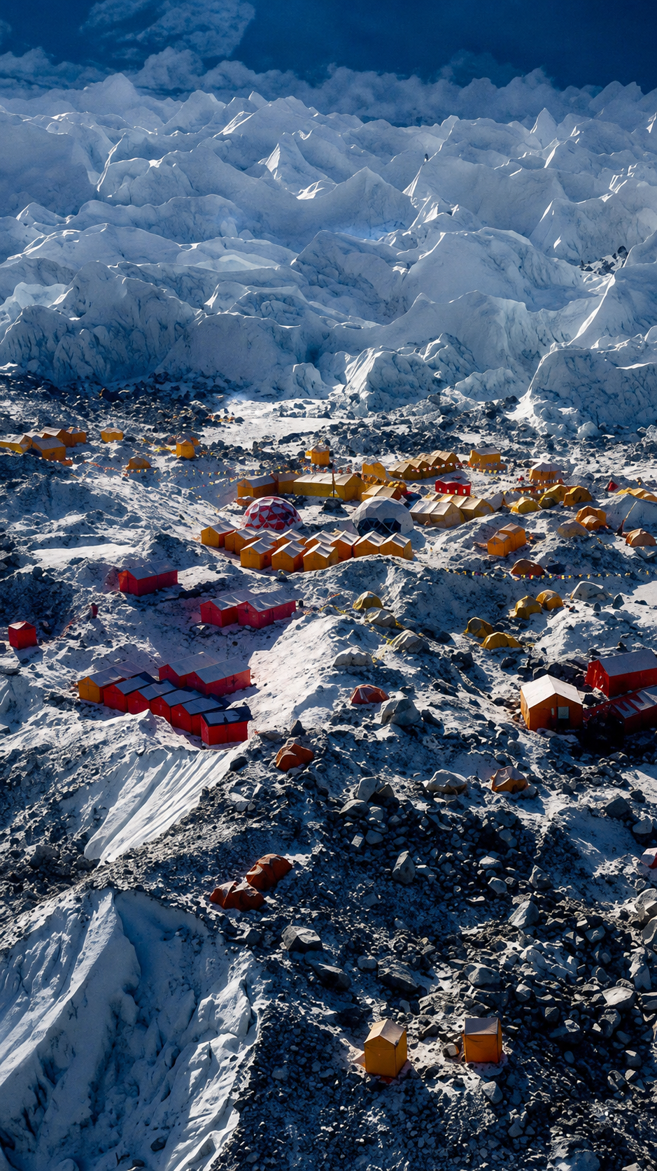 Aerial view of Everest Base Camp on the Khumbu Glacier showing expedition tents beneath the surrounding Himalayan icefall.