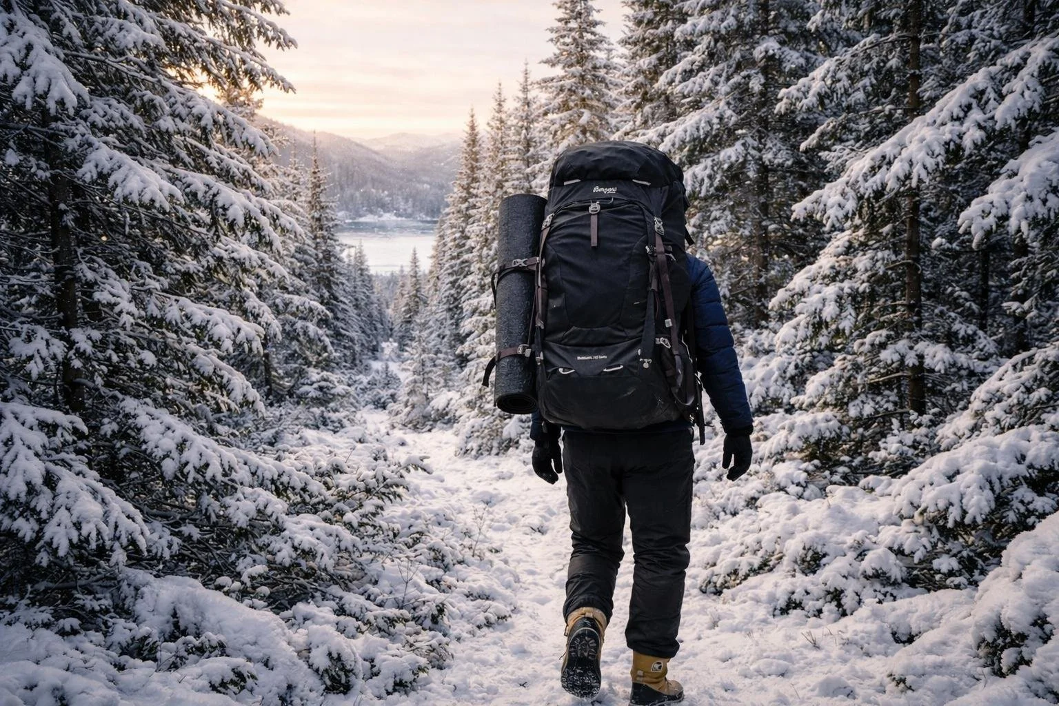 April Alfarnes hiking through a snowy forest trail in Telemark with a large winter backpack.