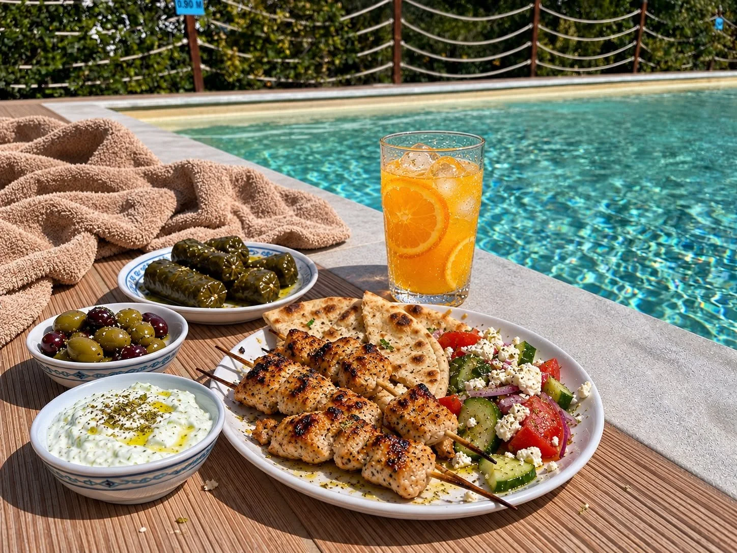 Chicken souvlaki, pita, Greek salad, dolmades, olives, and tzatziki beside the pool at Villa Artemida in Vravrona, Greece.