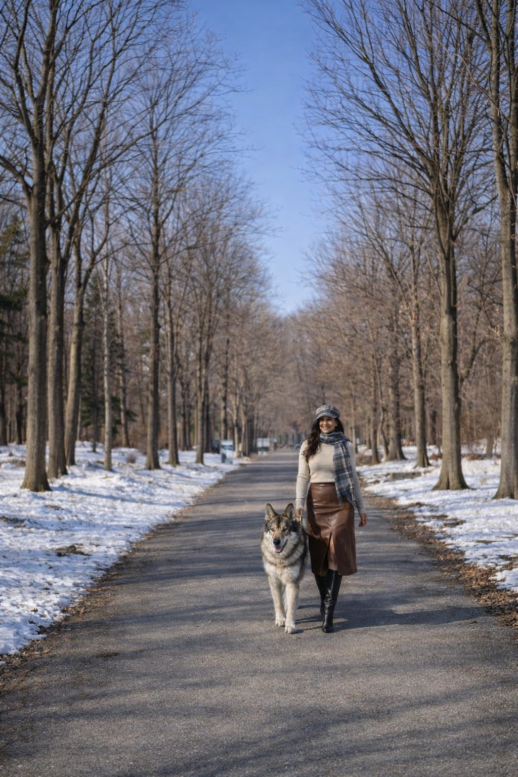 Woman walking her dog through a quiet winter park, illustrating calm presence, grounding, and resilience amid uncertainty