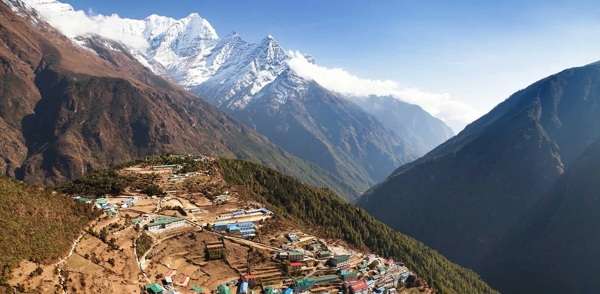 Aerial view of Namche Bazaar in Nepal surrounded by Himalayan mountains in the Khumbu region on the route to Everest Base Camp.