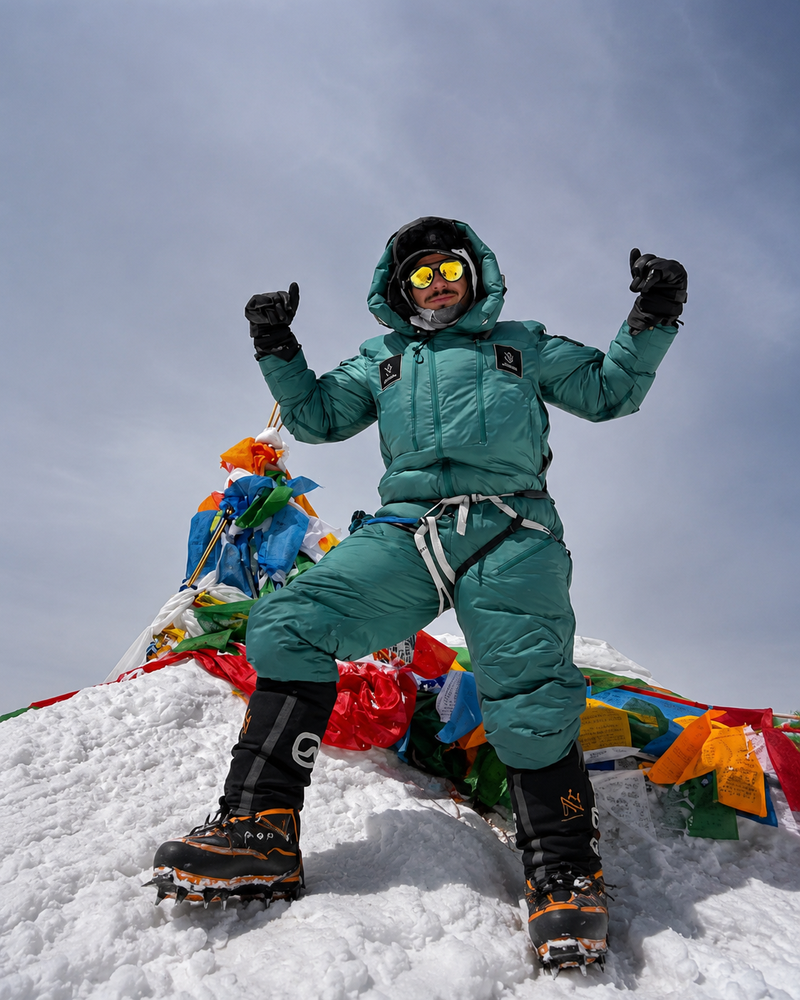 Nirmal "Nimsdai" Purja standing on a snow-covered Himalayan summit beside colorful Buddhist prayer flags during a high-altitude expedition.