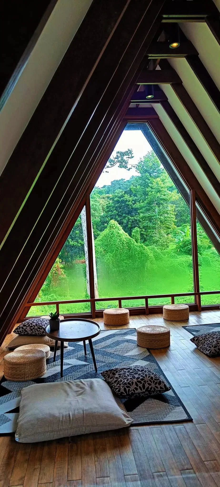 Interior view of Brown Cabin Chocolate Café in Koh Samed, featuring floor seating, wooden beams, and lush green jungle scenery through panoramic windows
