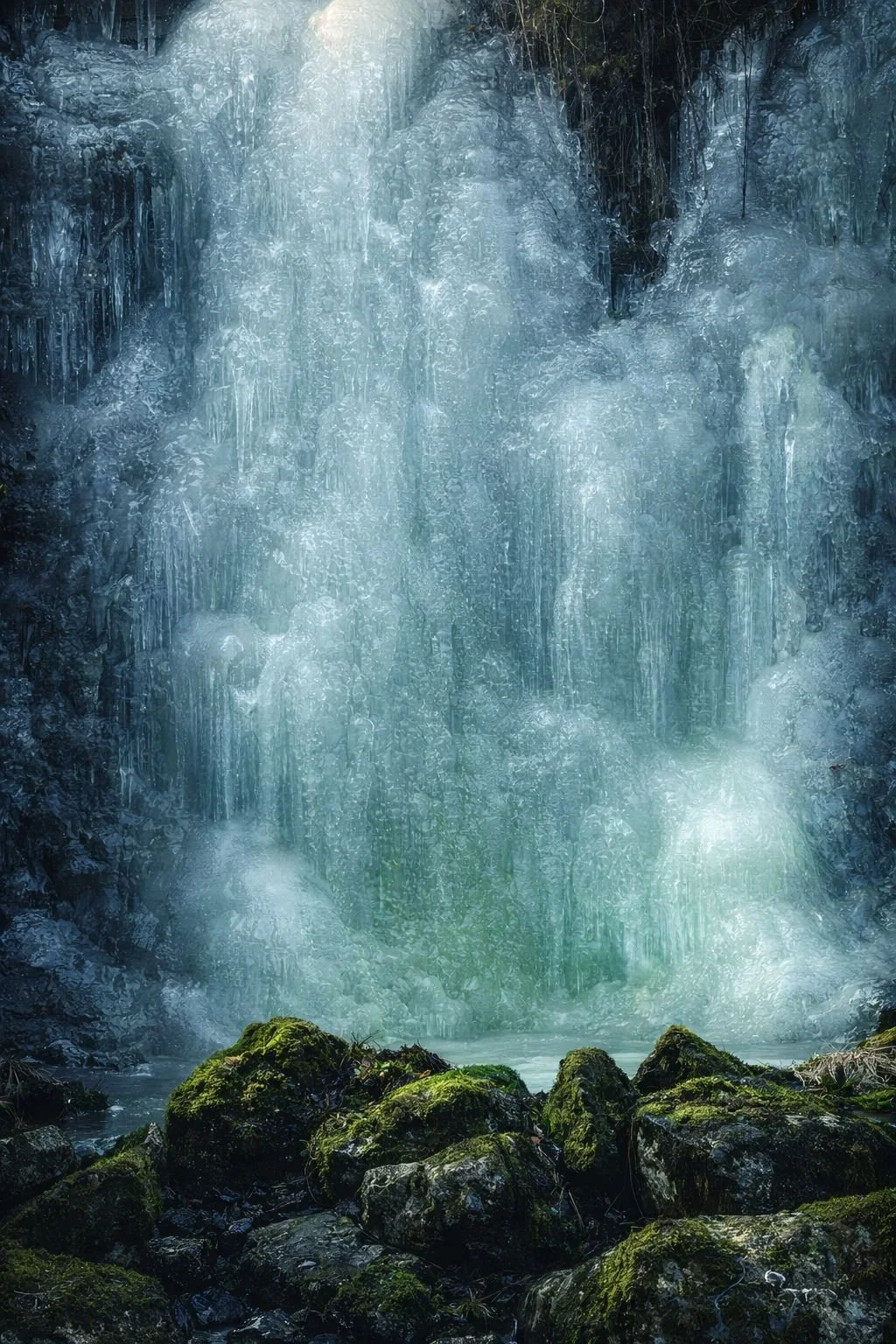 Thick layered ice formations covering the frozen waterfall at Sviland Falls in Rogaland, Norway during winter.