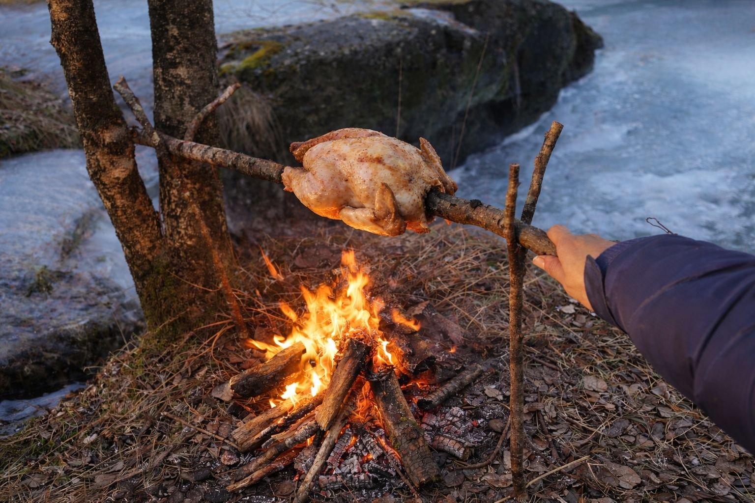 Chicken roasting on a wooden spit over a campfire beside a partially frozen stream at Sviland Falls in Rogaland, Norway during winter