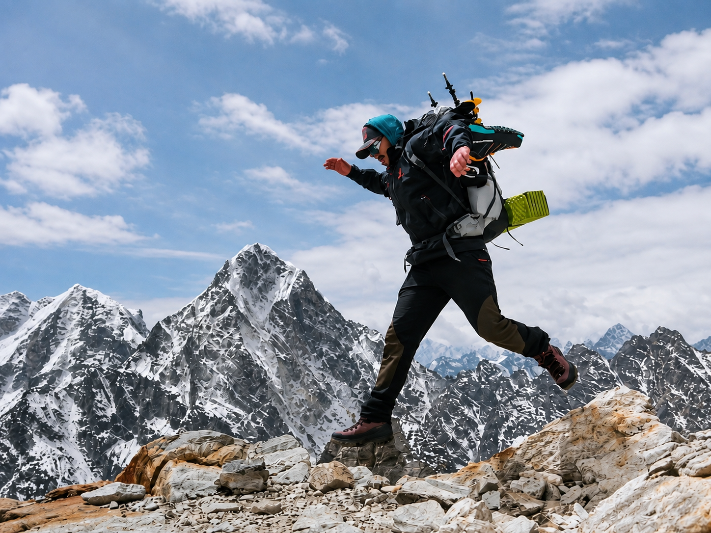 Nimsdai Purja crossing a rocky mountain ridge during a high-altitude hiking and mountaineering expedition.