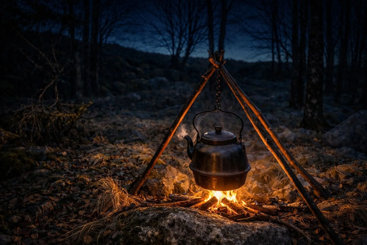 Metal kettle hanging from a wooden tripod over a campfire in the winter forest at Sviland Falls, Norway at dusk.