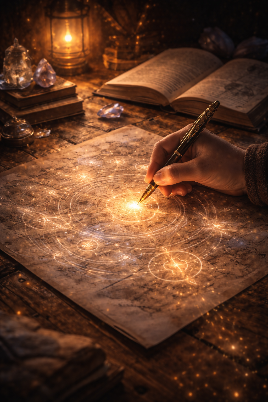 A hand draws glowing sigils on aged paper, symbolizing focused intention and the creation of a hypersigil.