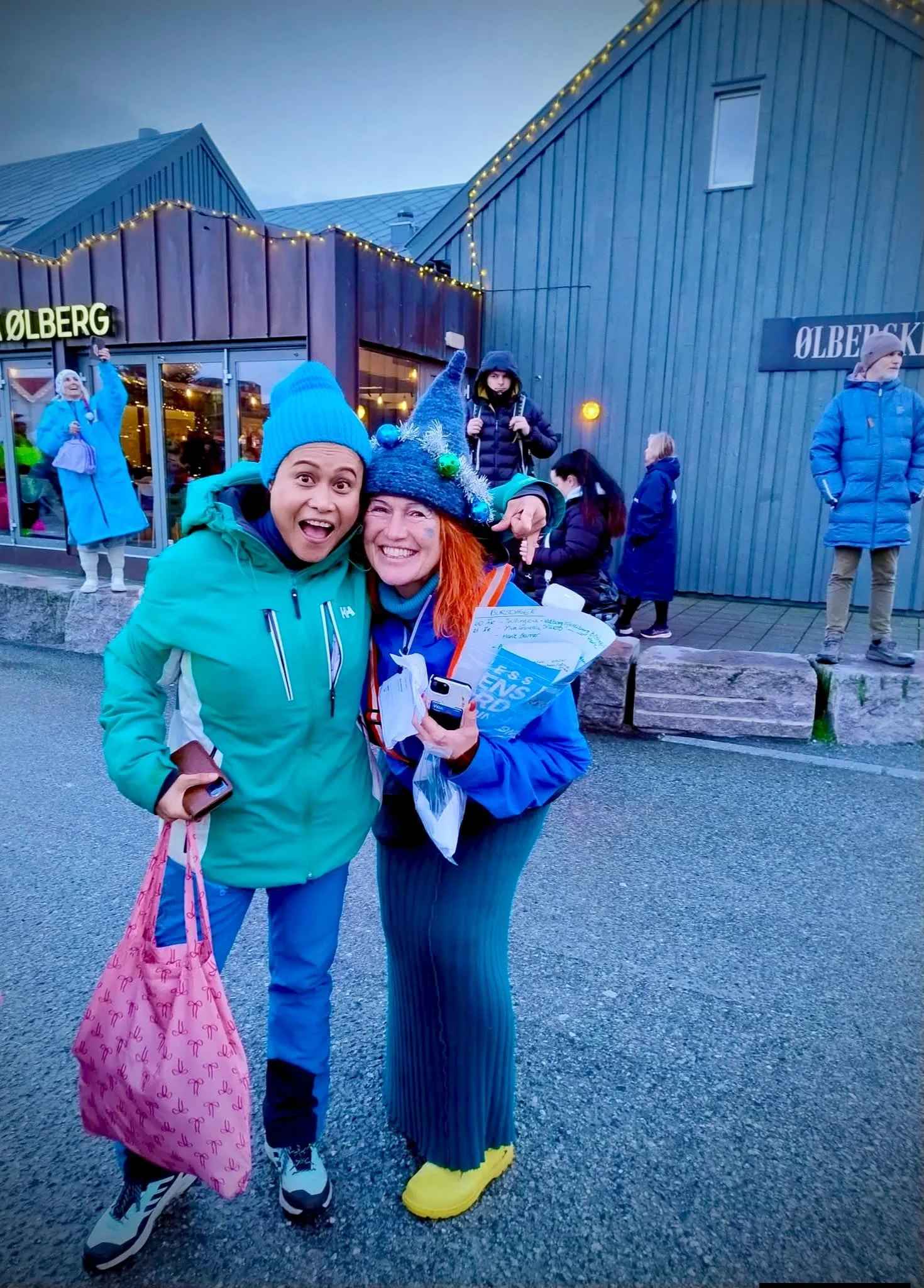 I pose with Solveig at Ølbergstranden during the 2025 Guinness World Record Polar Bear Dip event.