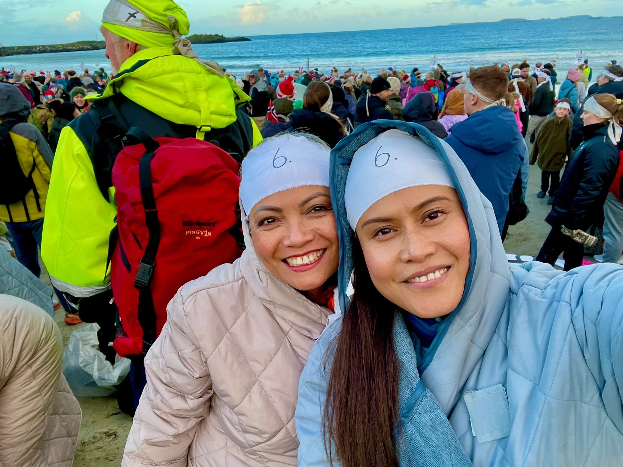 I take a selfie with my friend Enjoy at Ølbergstranden before joining the 2025 Guinness World Record Polar Bear Dip.