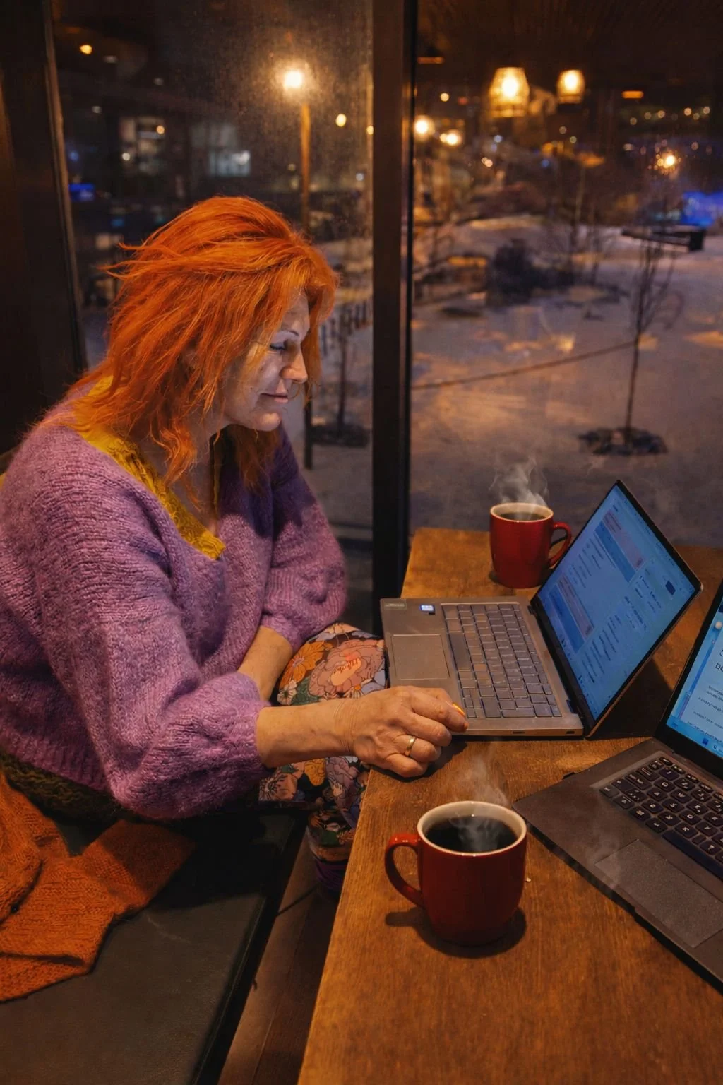 Solveig Fredriksen, Norwegian health coach from Sandnes, Rogaland, working on her laptop during a meeting at Godt Brød café in Sandnes, Norway.