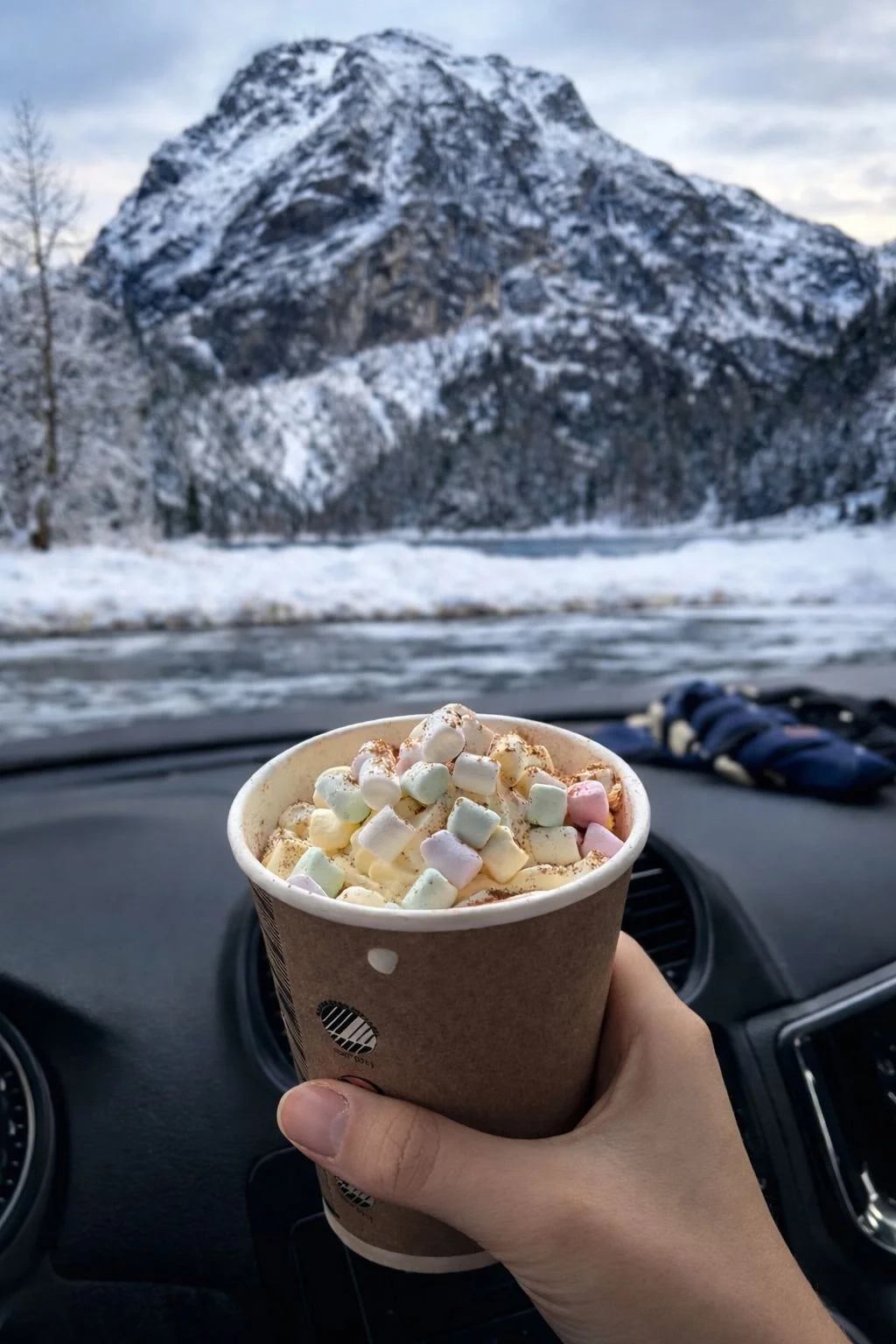 Cup of hot cocoa with marshmallows inside a car overlooking winter mountains near Byrkjedalstunet, Rogaland.