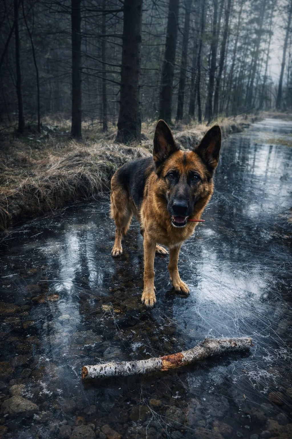 German Shepherd standing on a frozen puddle with a stick on the ice in Sviland forest, Sandnes Norway.