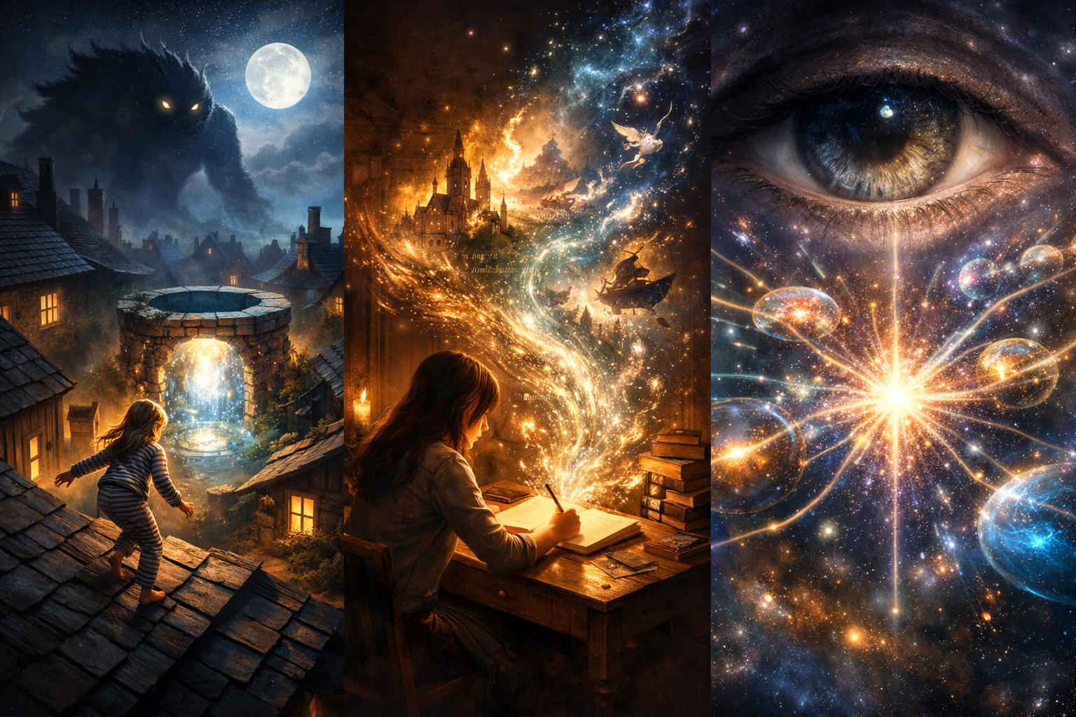 A child stands on a rooftop at night, facing a shadowy monster as imagination transforms fear into courage and agency.