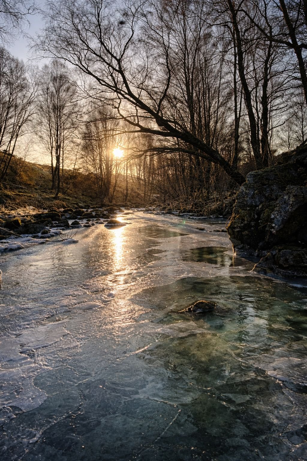 Winter sunrise over a frozen creek at Sviland Falls in Rogaland, Norway, as pale golden light reflects across ice and bare trees