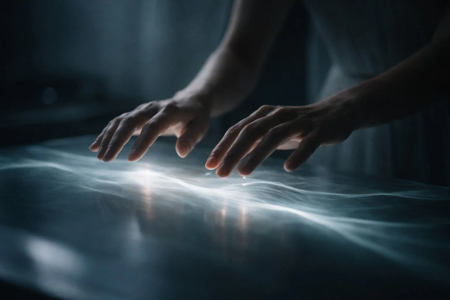 Hands hovering above a glowing surface, capturing a somatic, intuitive reaction in a hyper-realistic, psychological setting.