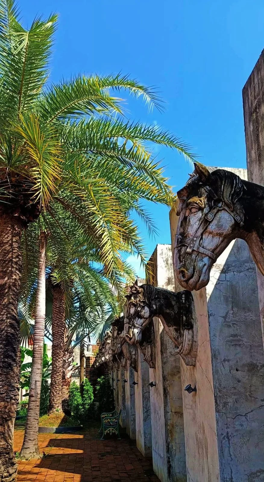 Pathway at Ammata Lanta Resort in Bangkok lined with ancient-style horse head statues and tropical palm trees under a bright blue sky.