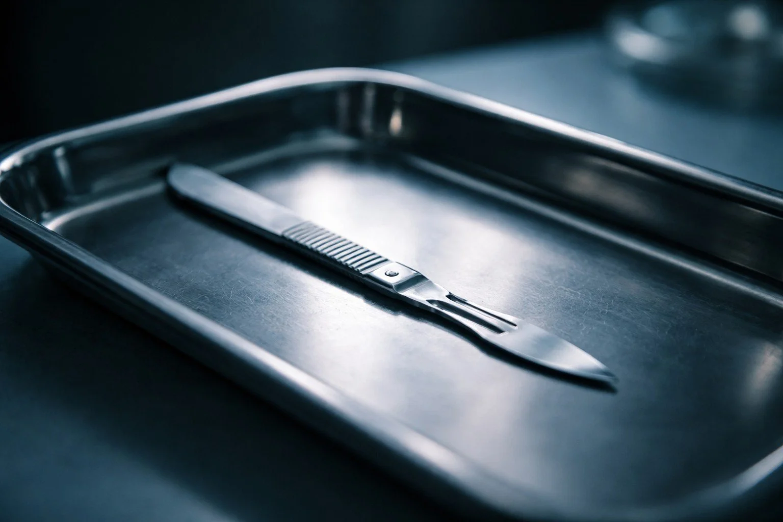 A hyper-realistic scalpel resting on a metal surgical tray, symbolizing psychological autopsy and introspection