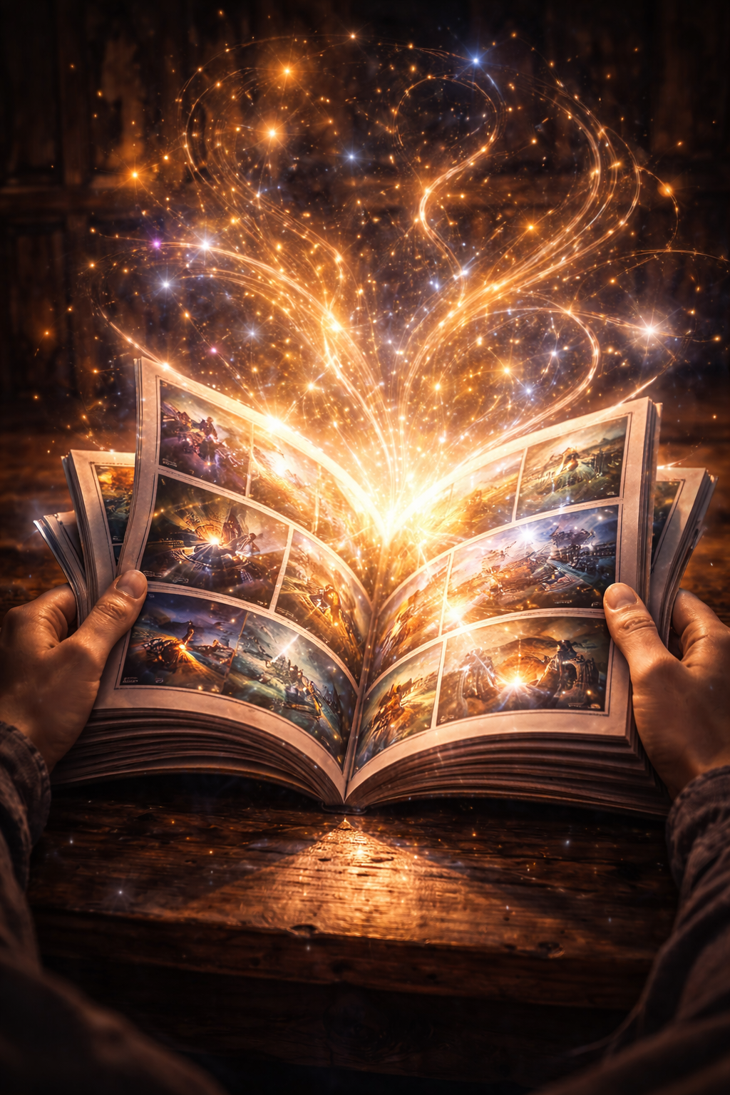 Hands open a glowing comic book as light and stories spill out, symbolizing imagination reshaping reality.