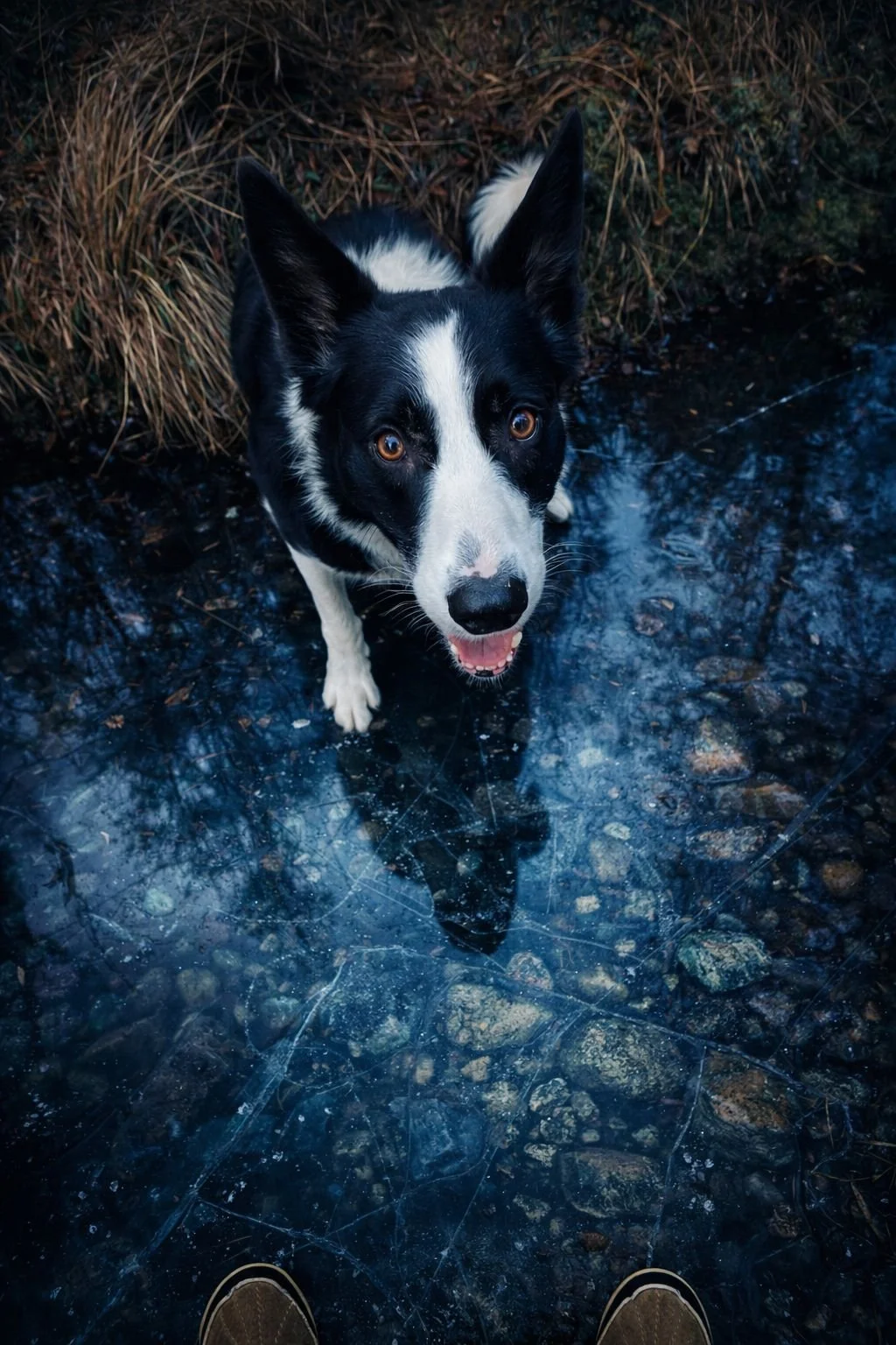 Border Collie standing on a frozen puddle along a forest trail in Sviland, Sandnes Norway.