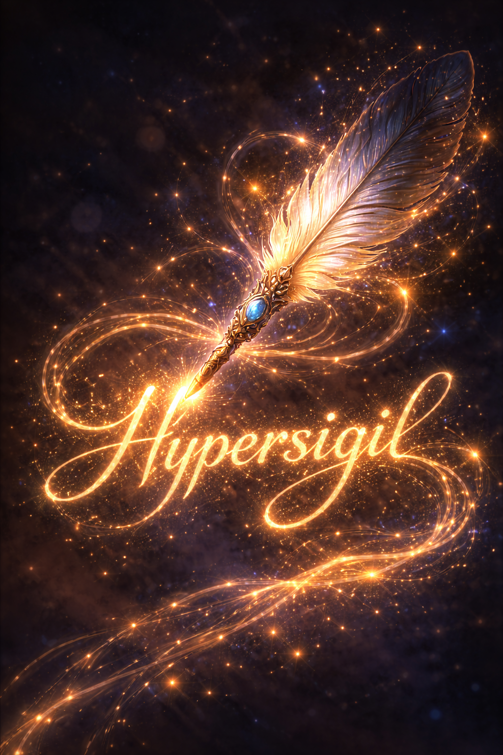 A glowing golden feather pen writing the word “hypersigil” in luminous light, symbolizing manifestation, intention, and reality shaped through creative magic.