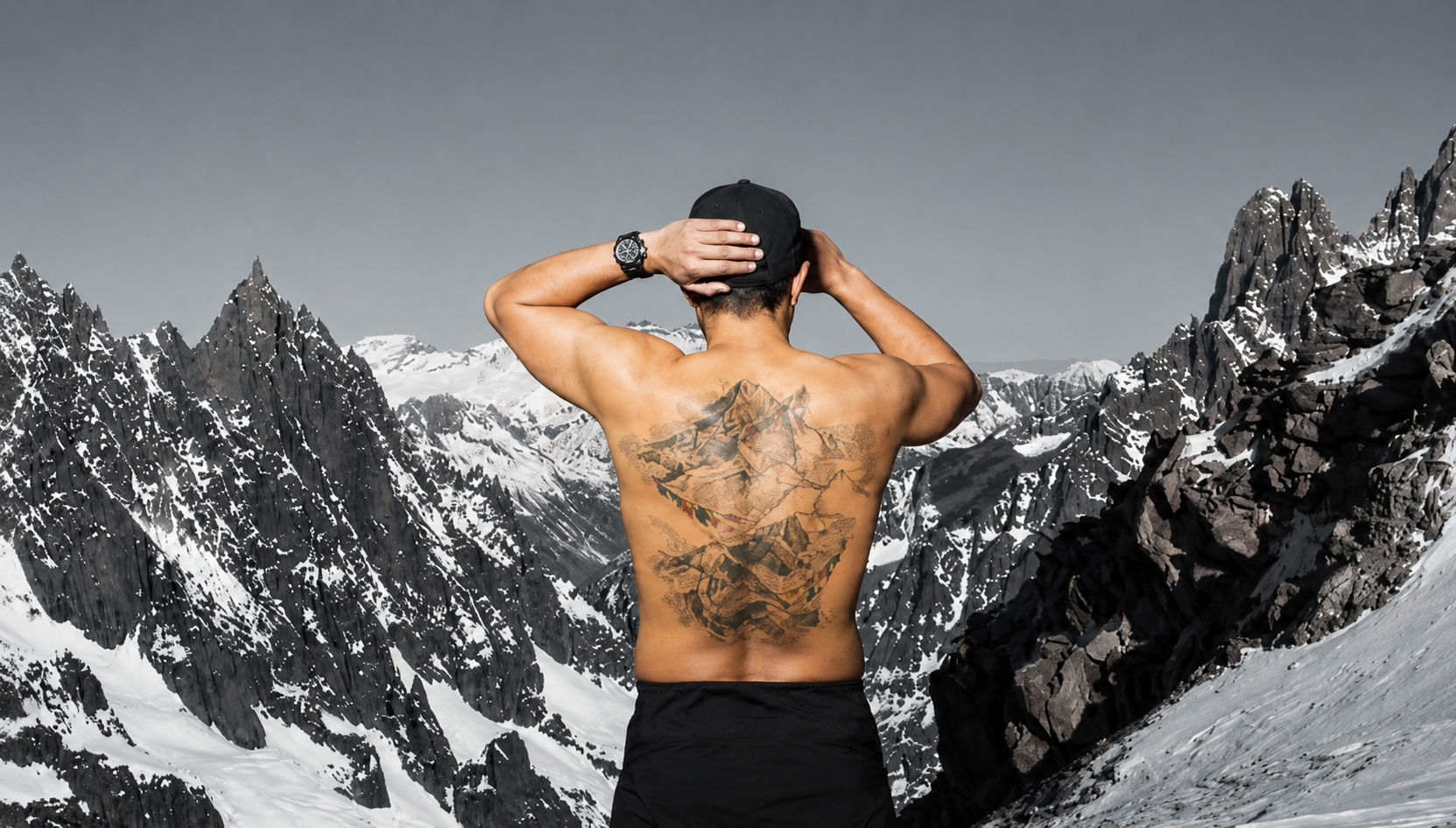 Nirmal "Nimsdai" Purja seen from behind overlooking rugged snow-covered mountains, revealing his large mountain tattoo across his back.