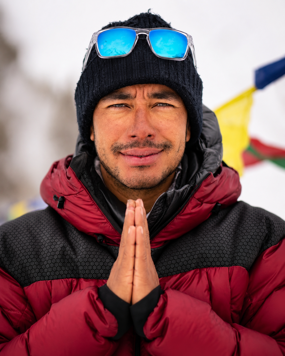Nirmal "Nimsdai" Purja with hands together in a traditional Namaste gesture while wearing high-altitude mountaineering clothing in the Himalayas.