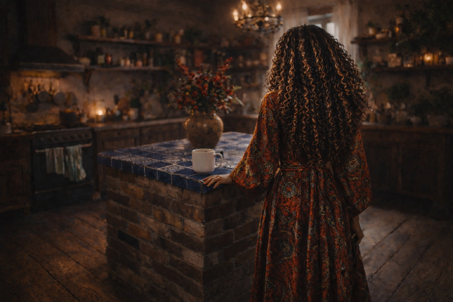 Woman with long curly hair wearing patterned silk robe standing in rustic bohemian kitchen beside tiled island with coffee mug, symbolizing modern lifestyle freedom beyond traditional 9–5 stability