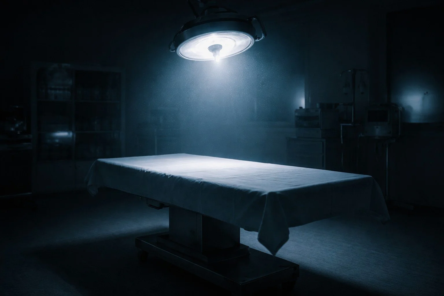 A hyper-realistic empty operating table under a cold surgical lamp in a dark room, evoking psychological autopsy and introspection