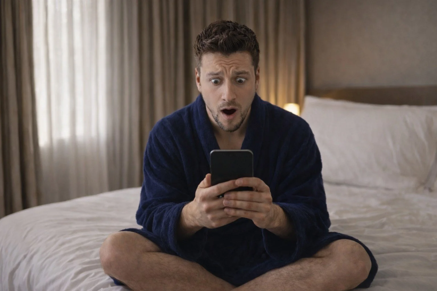 Anxious man at home scrolling through his phone, overwhelmed by fear-based news and digital information overload, reflecting modern anxiety and threat perception.