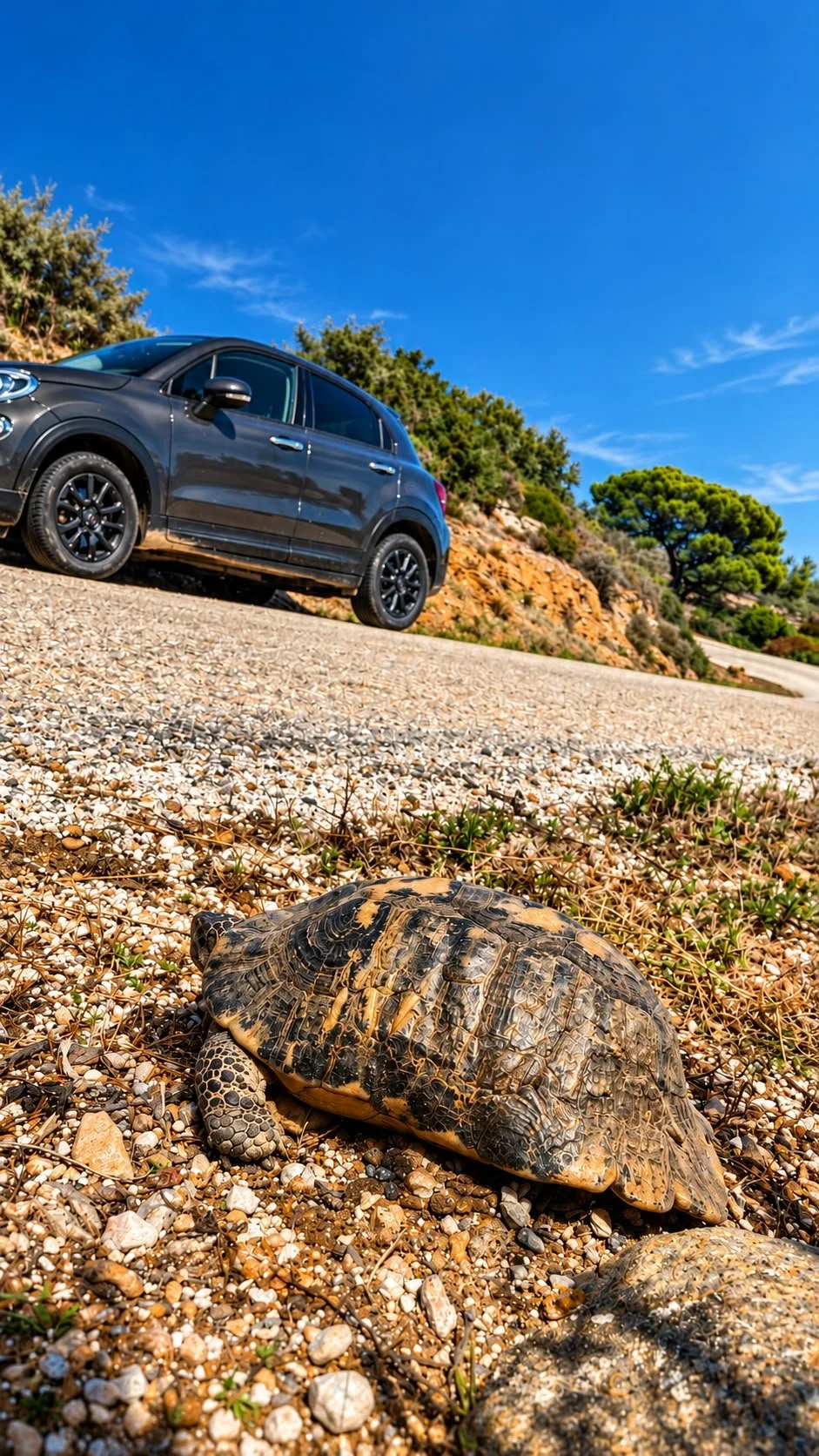 Tortoise with a patterned brown and gold shell on a pebbly roadside near Sounion, Greece, with a parked grey car behind it.
