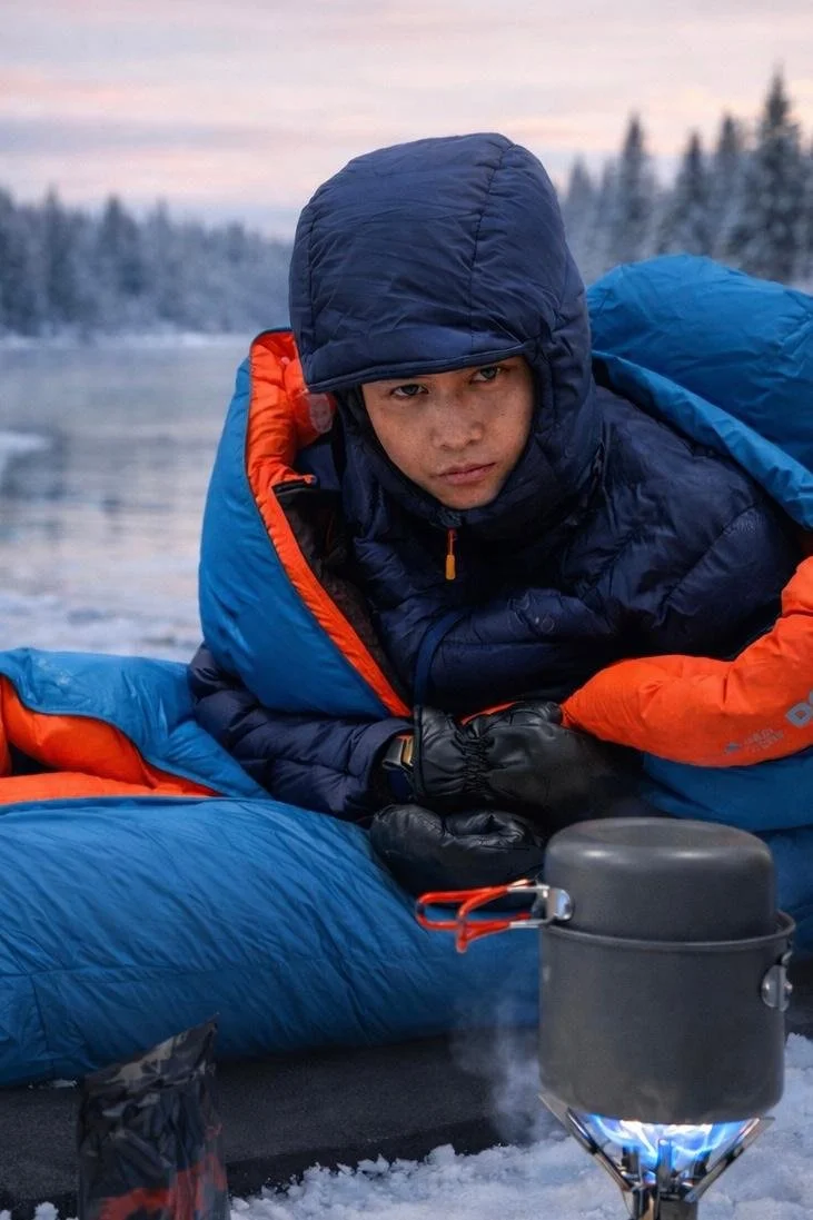 April Alfarnes bundled in a winter sleeping bag while cooking by a snowy river during a cold winter camping morning in Telemark.