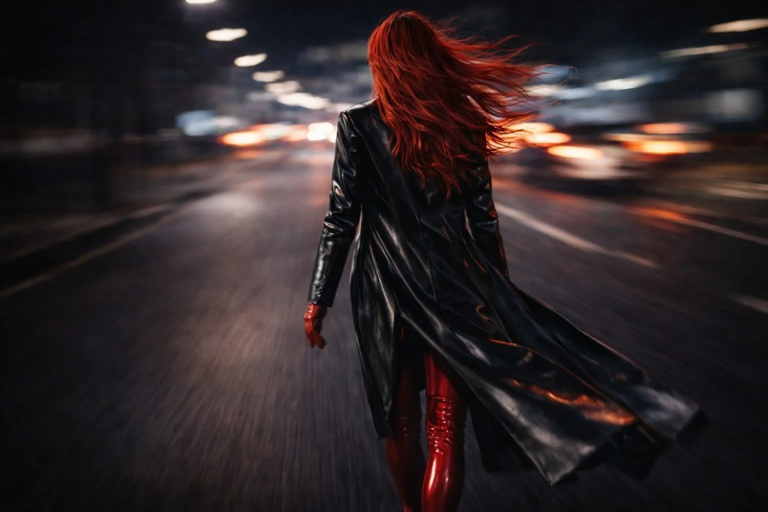 Woman in black leather coat with red hair and red latex boots walking through a blurred city at night, symbolizing ambition, velocity, and life beyond traditional 9–5 stability