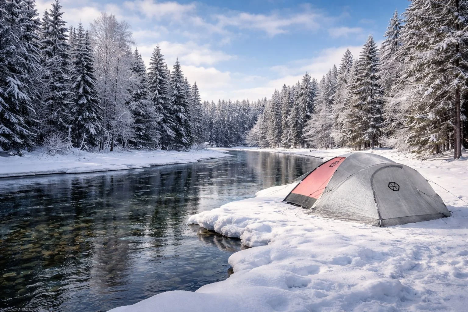 A winter camping tent set up beside a clear river in Telemark, surrounded by snow-covered trees.