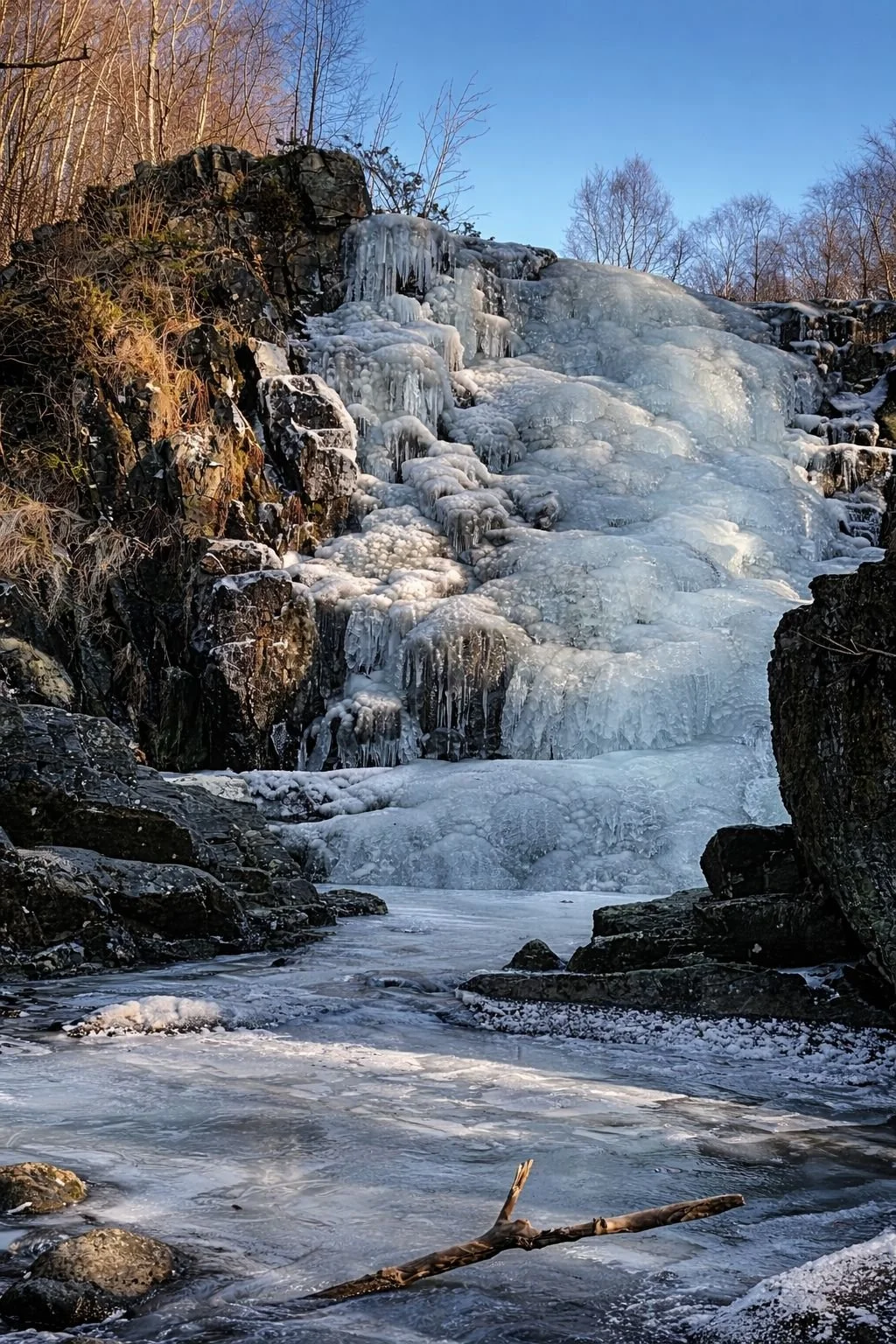 Frozen waterfall at Sviland Falls in Rogaland, Norway, with layered ice formations cascading over rocky cliffs and a frozen stream at the base under clear winter sky.