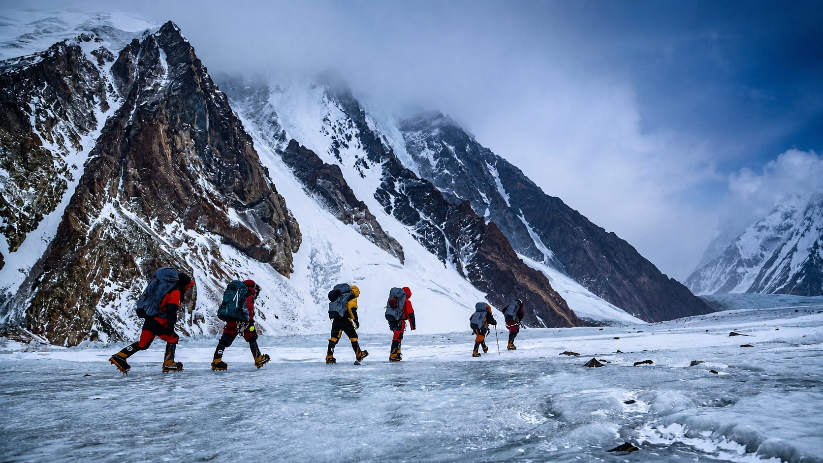 Mountaineering team crossing a glacier during a high-altitude expedition in the Karakoram mountain range.