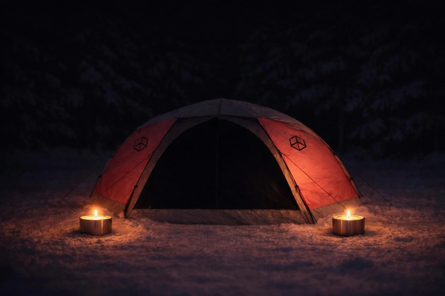 A winter tent illuminated by soft candlelight at night in the snowy forests of Telemark.