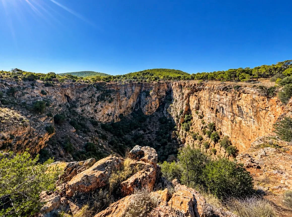 Steep rocky walls surround the wooded depths of Chaos Sinkhole in Sounion National Park near Lavrio, Attica, Greece.