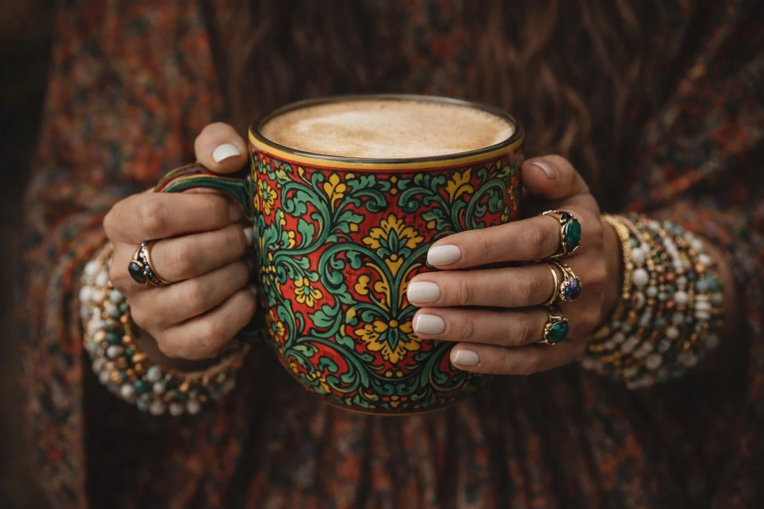 Woman holding oversized patterned ceramic mug with frothy cappuccino, wearing layered bracelets and gemstone rings, symbolizing modern lifestyle freedom beyond the 9–5 routine.