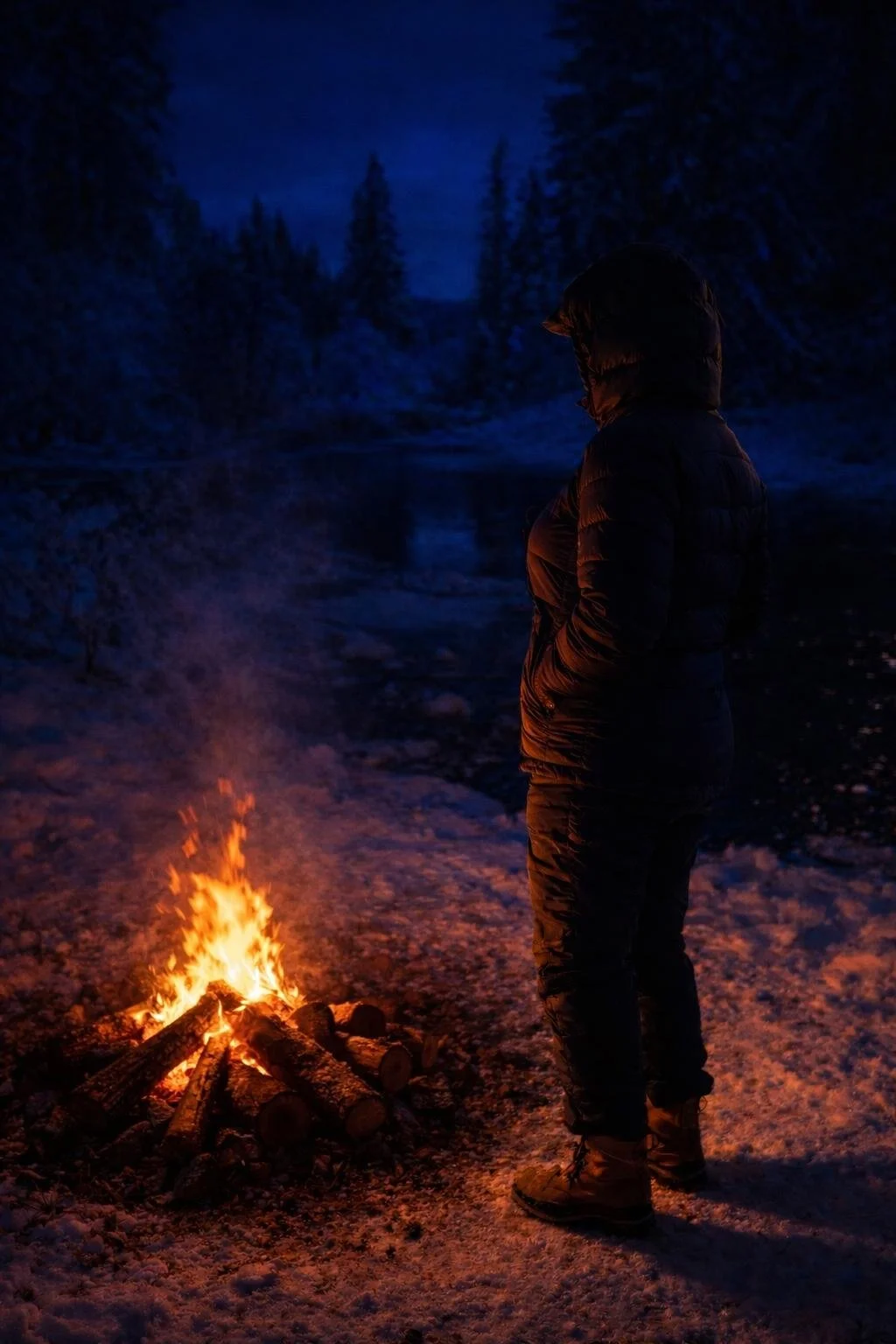 April Alfarnes standing by a bonfire during a winter night on a snowy riverbank in Telemark.