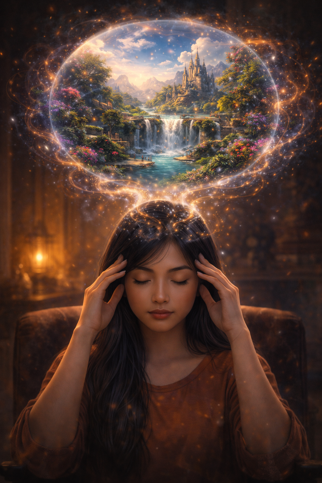 A calm woman with closed eyes focuses inward as a luminous paradise forms above her head, symbolizing conscious imagination.