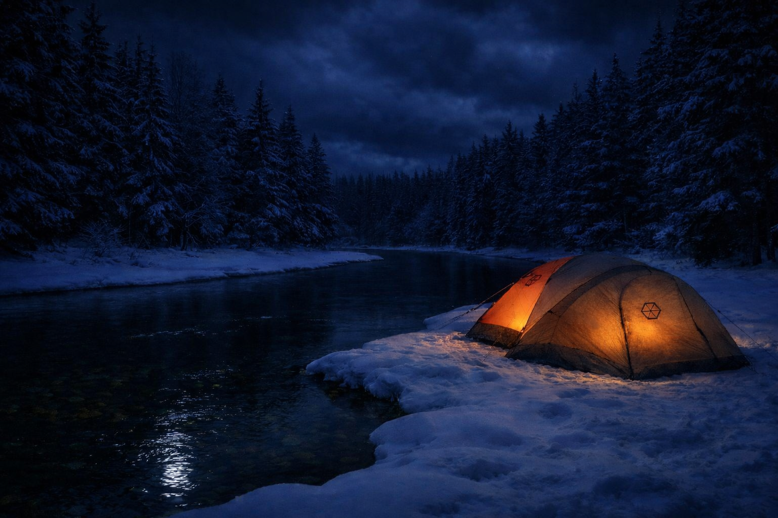 Winter camping tent glowing beside a river under a dark midnight-blue sky with deep forest shadows and fresh snow.