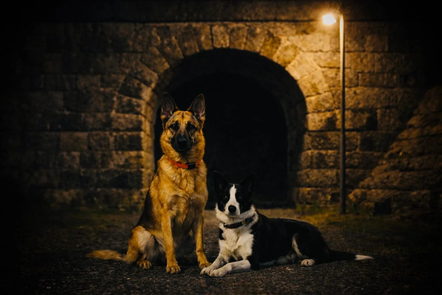 German Shepherd and Border Collie sitting together at night near a forest road in Norway