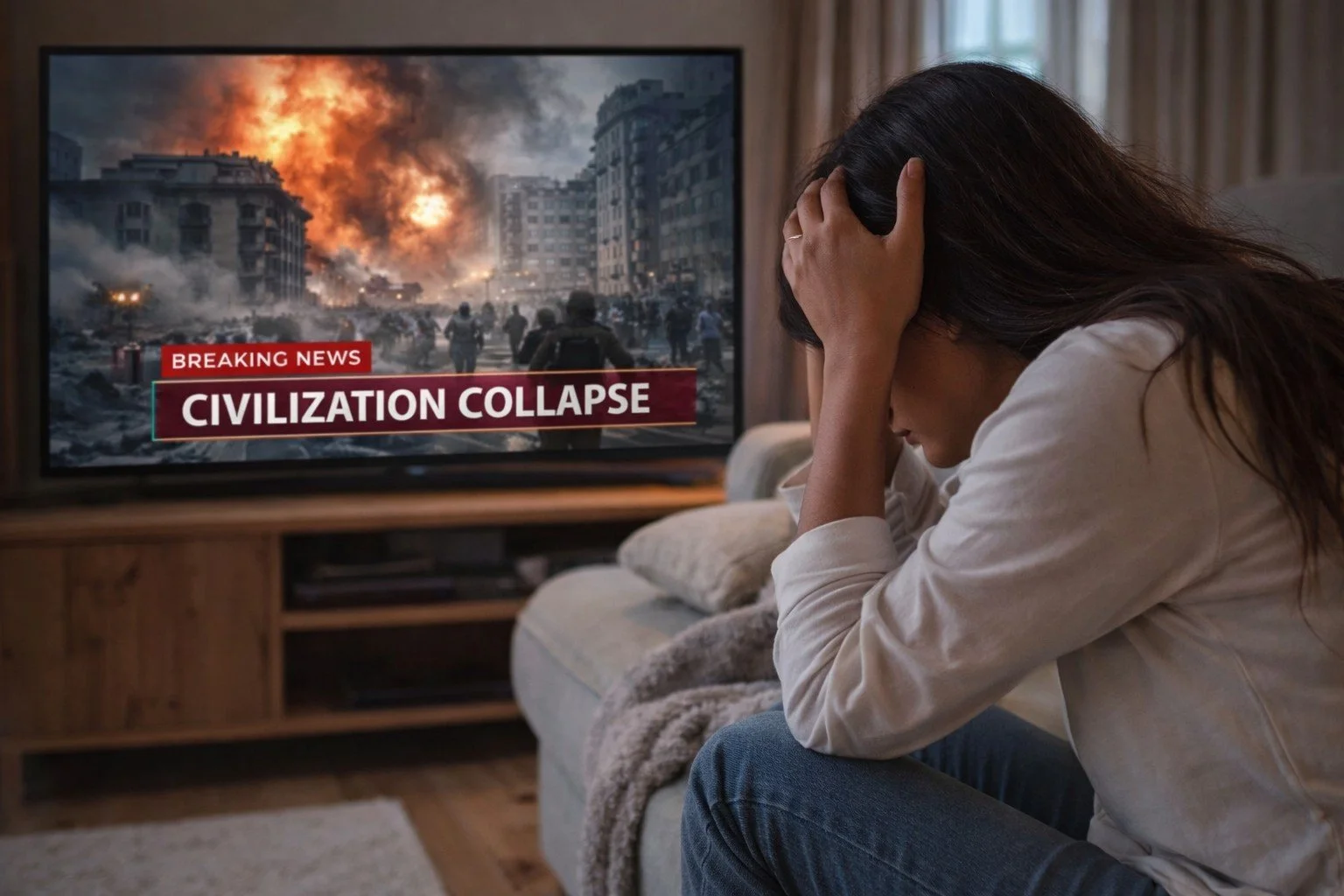 Woman holding her head while watching fear-based news about civilization collapse on television, illustrating how media spreads anxiety and panic