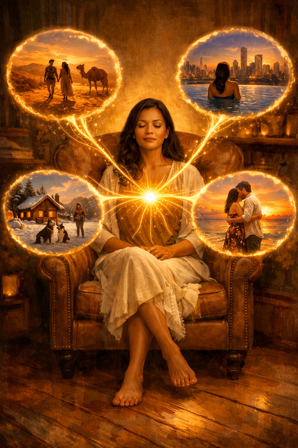 A Filipino woman seated barefoot in an armchair visualizing future dreams through glowing thought bubbles, symbolizing hypersigil manifestation, love, freedom, and an intentional life.
