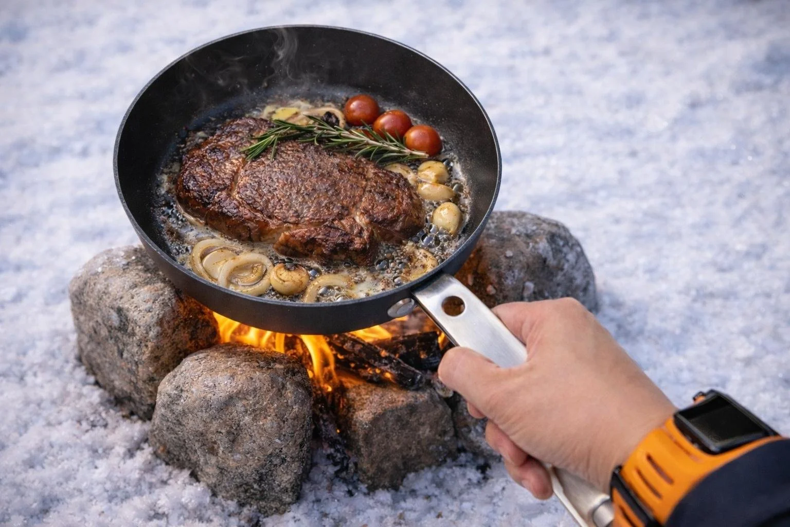 April Alfarnes cooking a ribeye steak over a campfire during winter camping in Telemark, Norway.