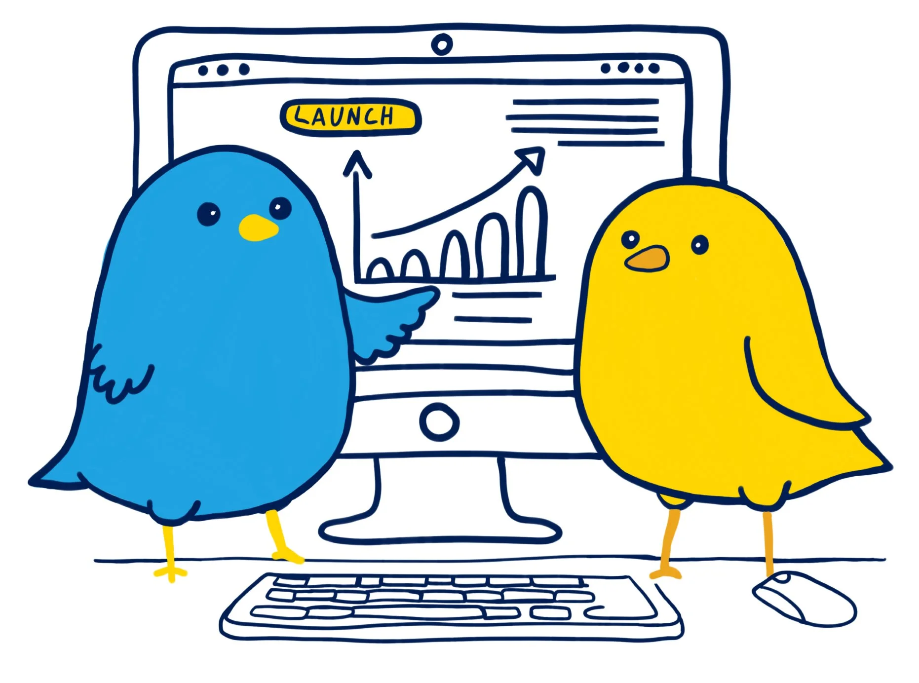 Getting started is easy. Step 3: Launch and start growing. A graphic of a bird showing another bird a launch strategy on a computer.