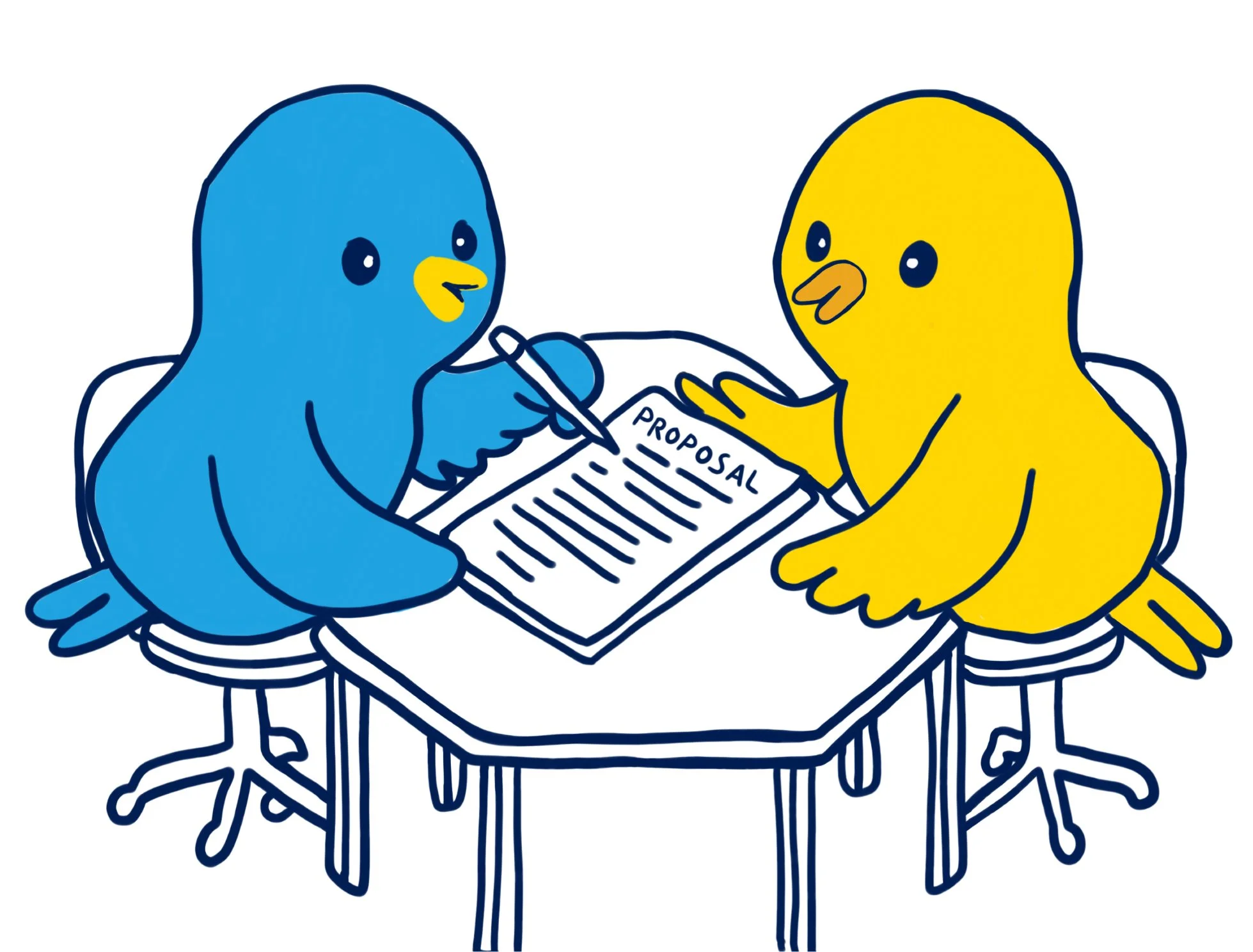 Getting started is easy. Step 2: Receive your personalized proposal. A graphic of two birds sitting around a table talking about a proposal.